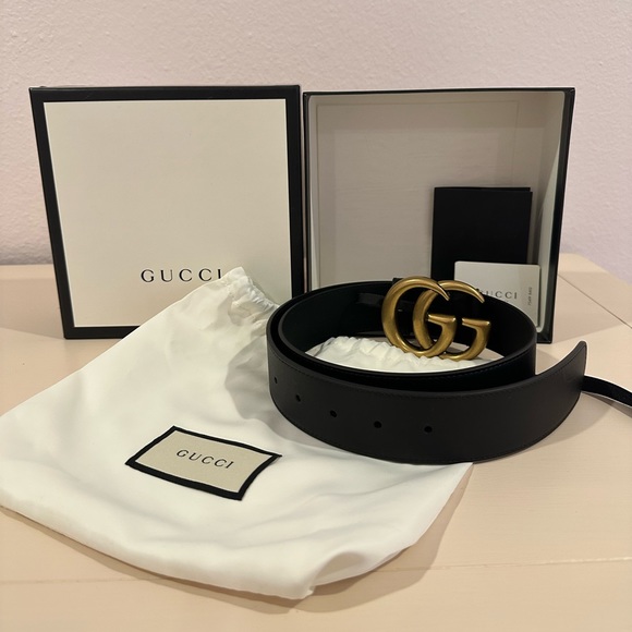 Gucci Women’s 2015 RE-EDITION WIDE LEATHER BELT black and gold Size 80B - Picture 4 of 12